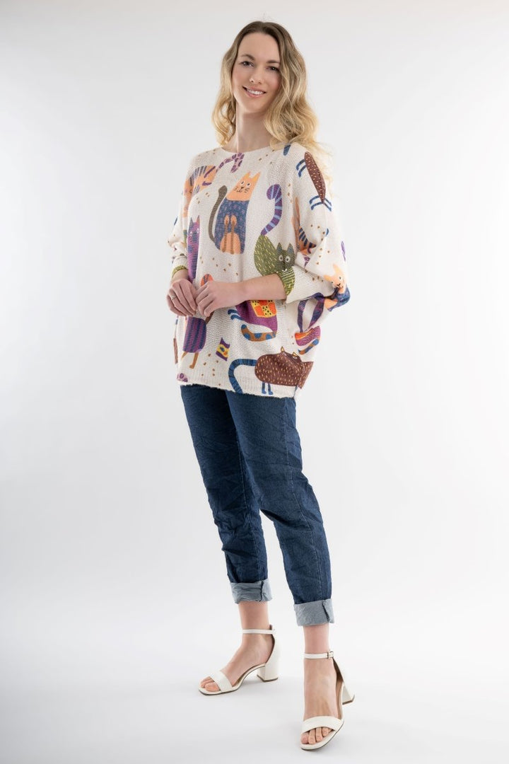 Euro Wool Blend Art Top Cat Sweater - Breathable Naturals | Glam & Fame Clothing