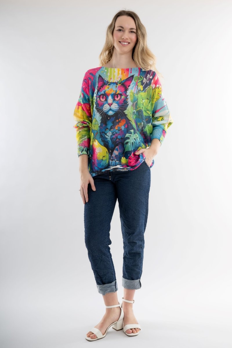 Euro Wool Blend Art Top Cat Sweater - Breathable Naturals | Glam & Fame Clothing