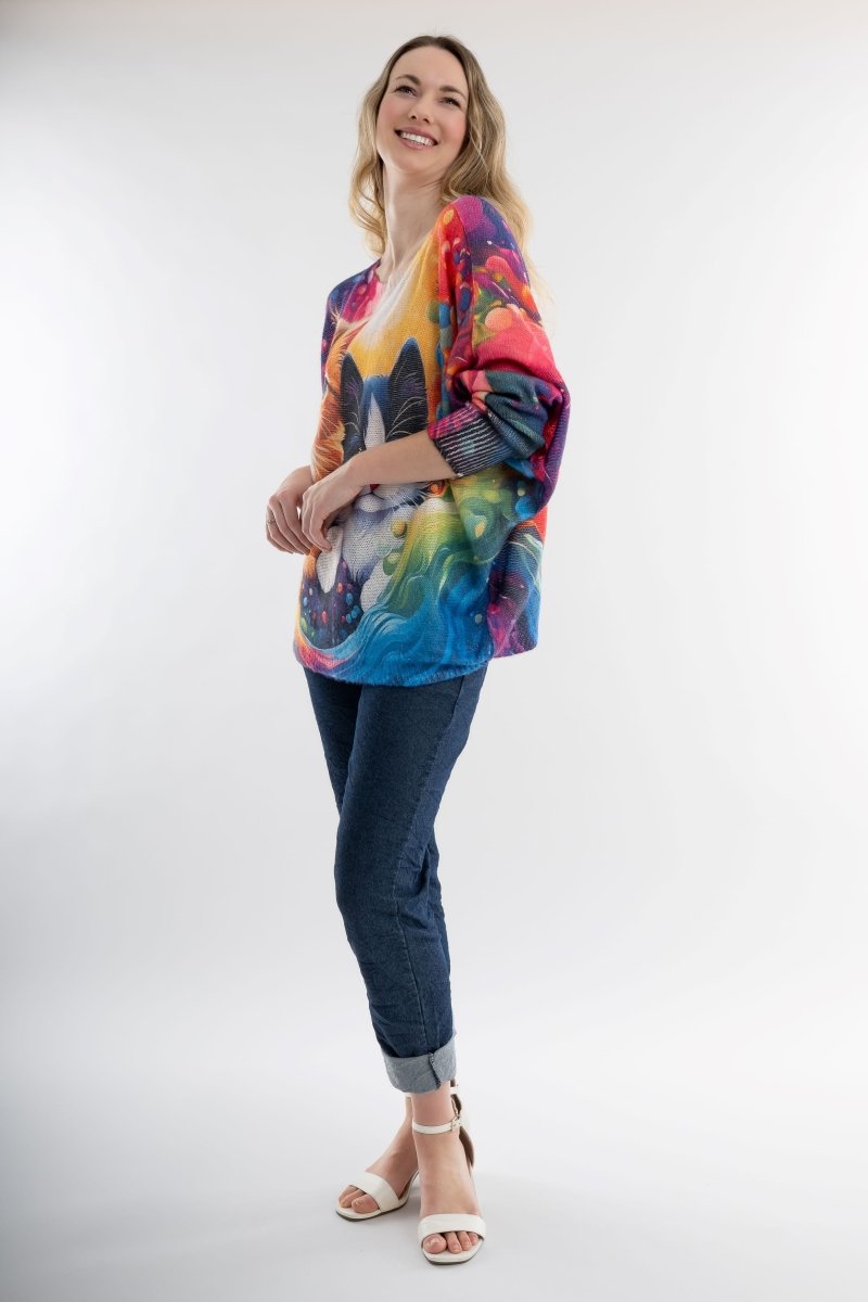 Euro Wool Blend Art Top Cat Sweater - Breathable Naturals | Glam & Fame Clothing