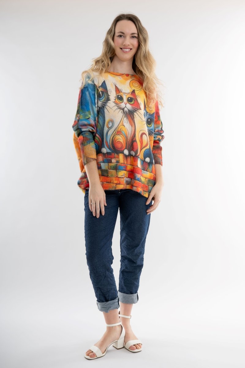 Euro Wool Blend Art Top Cat Sweater - Breathable Naturals | Glam & Fame Clothing