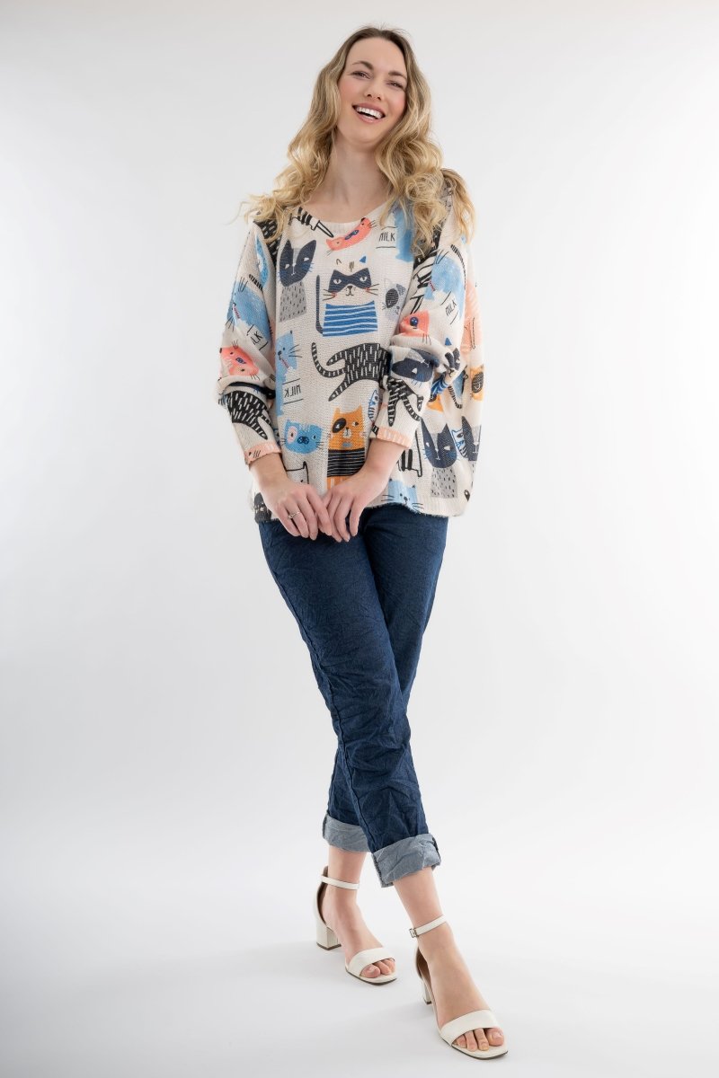 Euro Wool Blend Art Top Cat Sweater - Breathable Naturals | Glam & Fame Clothing