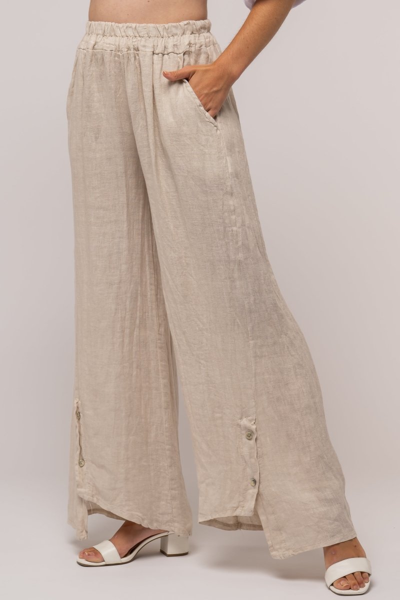 French Linen Pant Relaxed Button Accents - Breathable Naturals | Glam & Fame Clothing