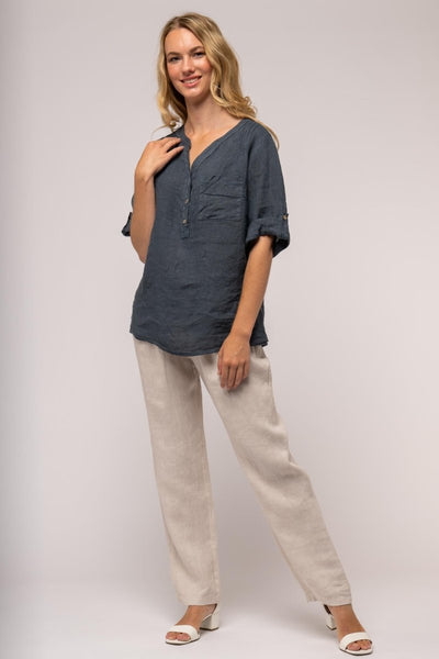 French Linen Shirt Flat Collar Pleat Accents - Breathable Naturals | Glam & Fame Clothing