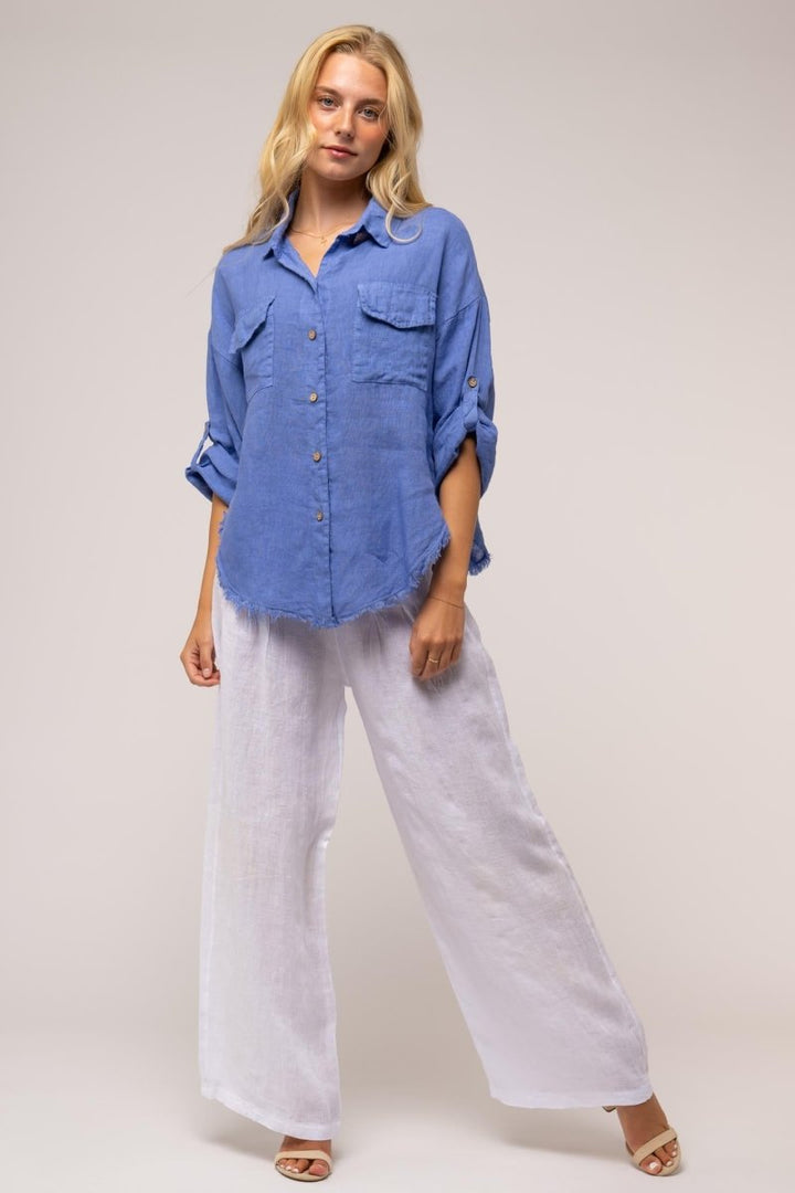 French Linen Shirt Fringe Hem - Breathable Naturals | Glam & Fame Clothing