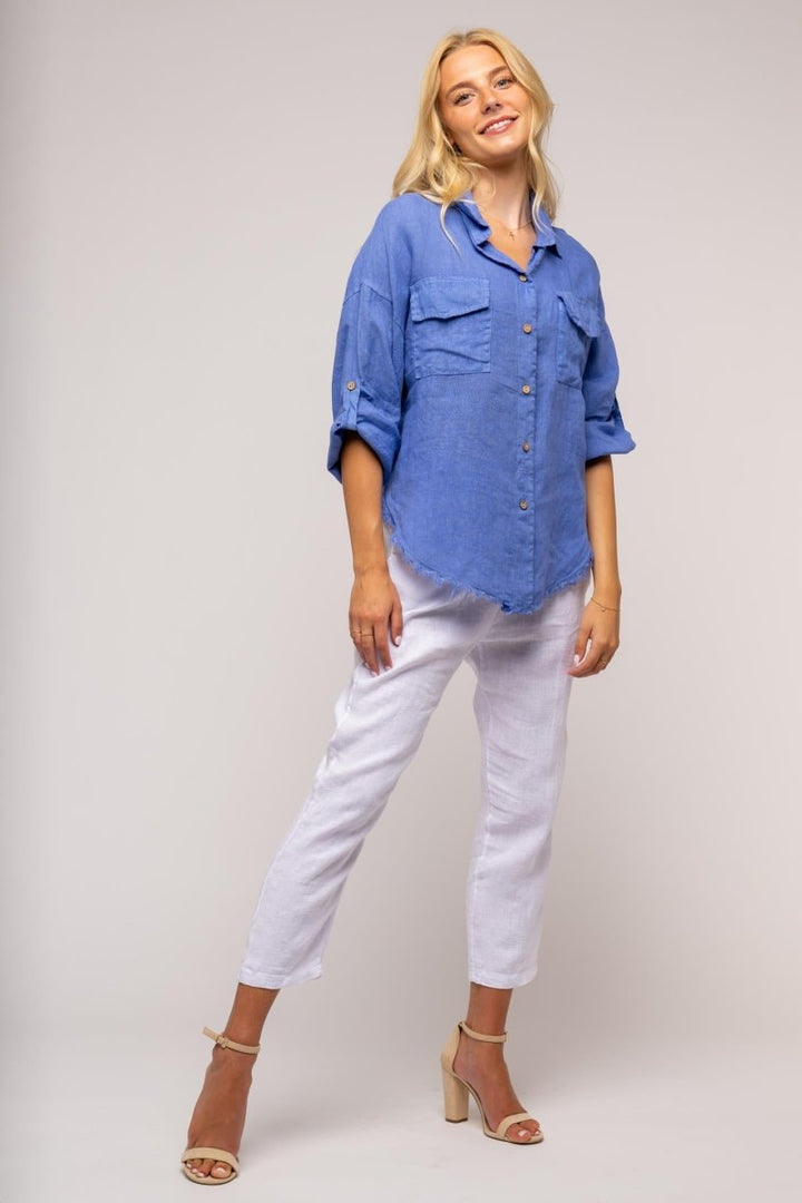 French Linen Shirt Fringe Hem - Breathable Naturals | Glam & Fame Clothing