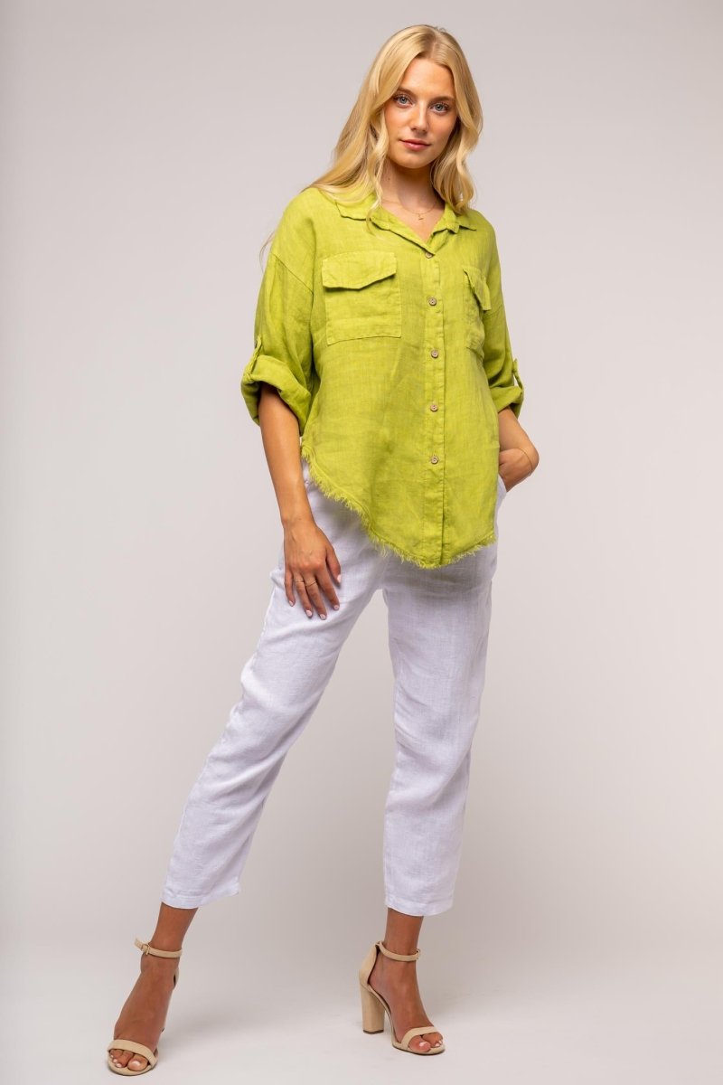 French Linen Shirt Fringe Hem - Breathable Naturals | Glam & Fame Clothing