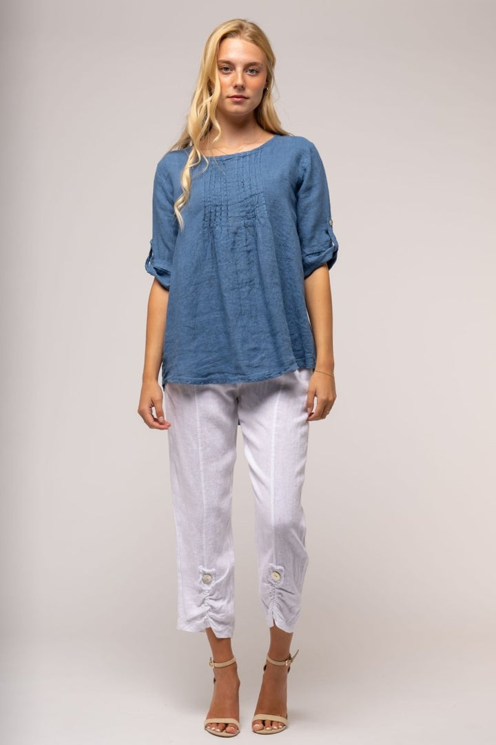 Premium French Linen Blouse Pleat Accents - Breathable Naturals | Glam & Fame Clothing