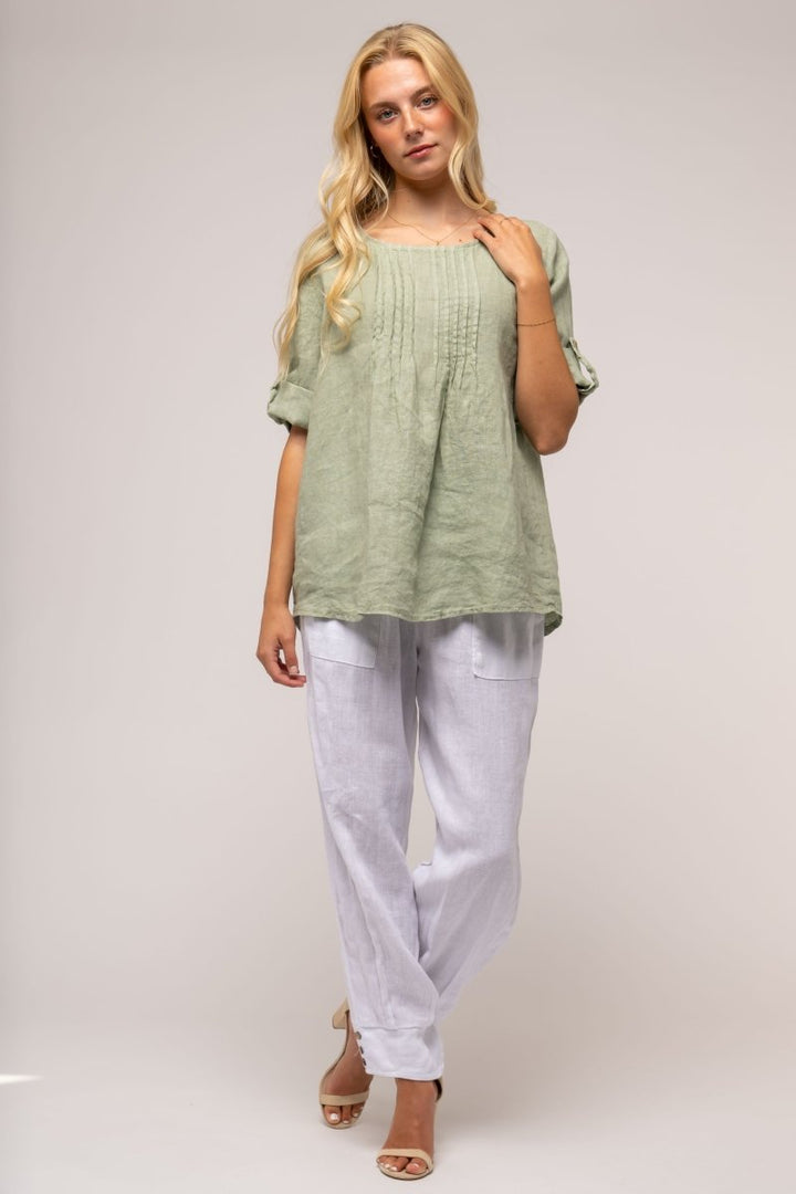 Premium French Linen Blouse Pleat Accents - Breathable Naturals | Glam & Fame Clothing