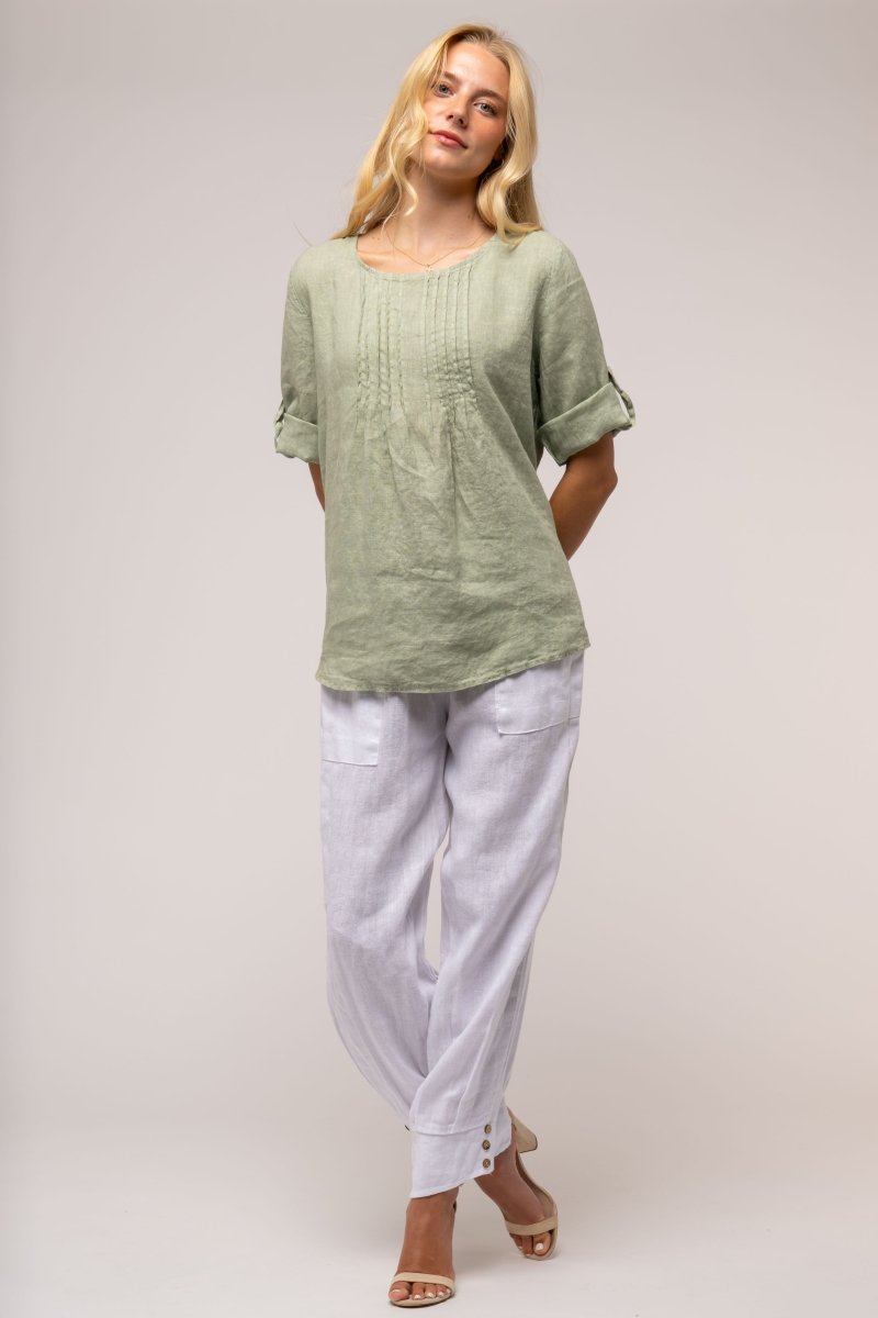 Premium French Linen Blouse Pleat Accents - Breathable Naturals | Glam & Fame Clothing