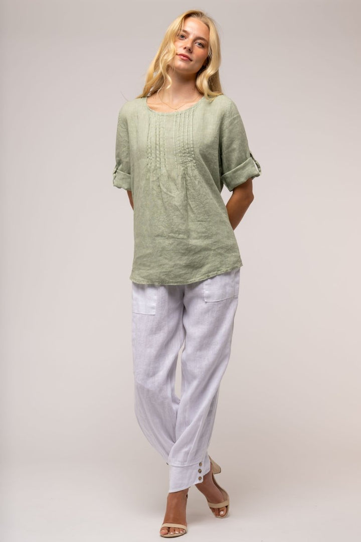 Premium French Linen Blouse Pleat Accents - Breathable Naturals | Glam & Fame Clothing