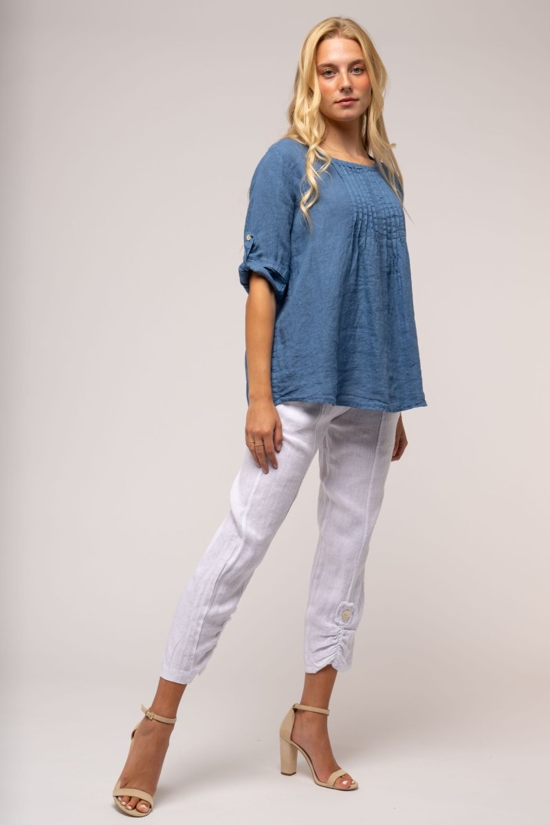 Premium French Linen Blouse Pleat Accents - Breathable Naturals | Glam & Fame Clothing