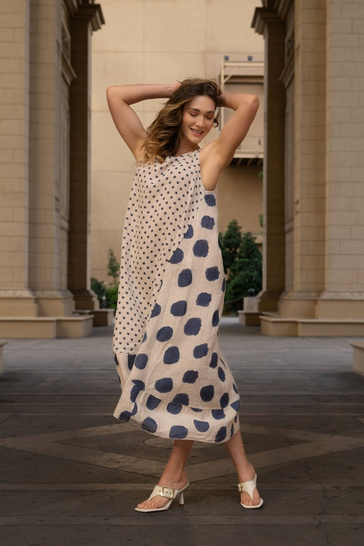 Premium French Linen Maxi Dress Spots Print