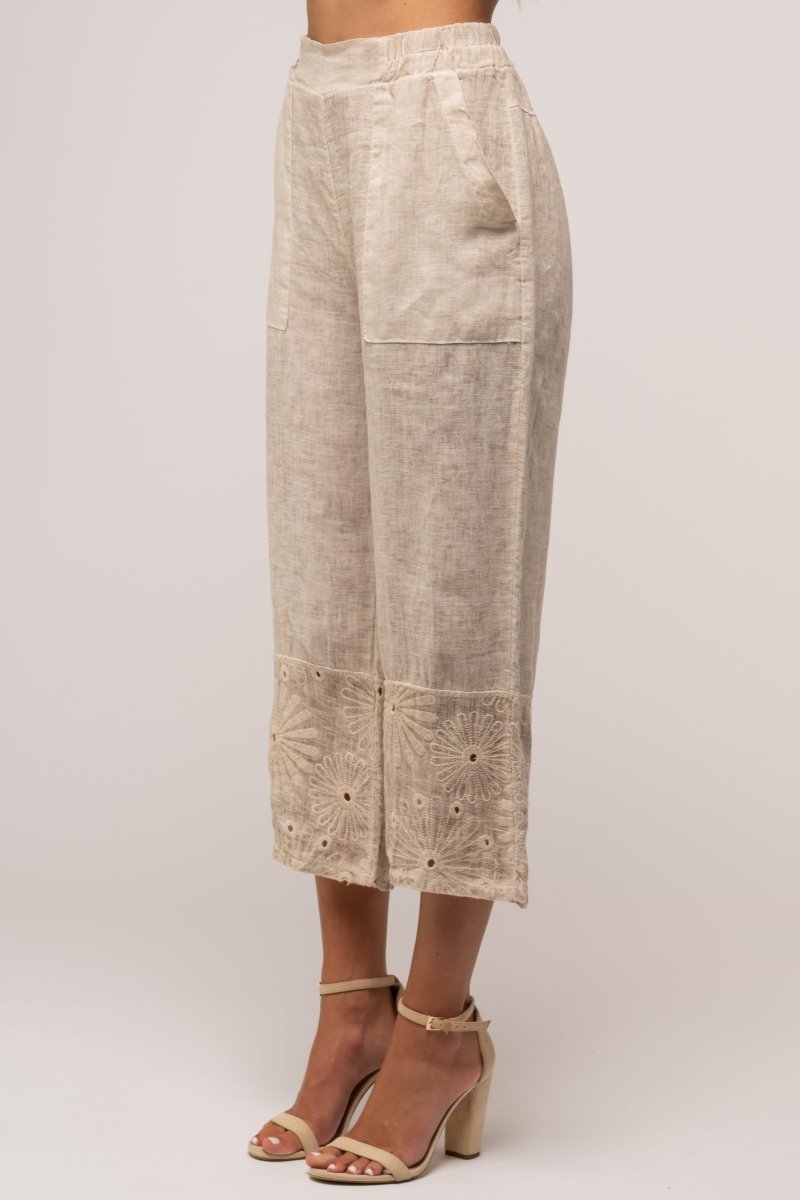 Premium French Linen Pant Embroidered Accents - Breathable Naturals | Glam & Fame Clothing