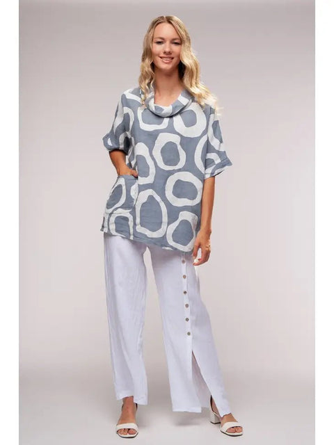 Euro Linen Roll Collar Circles Top