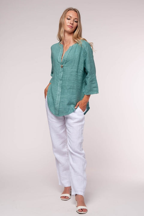 Euro Linen V-Neck Button Top - Breathable Naturals | Glam & Fame Clothing