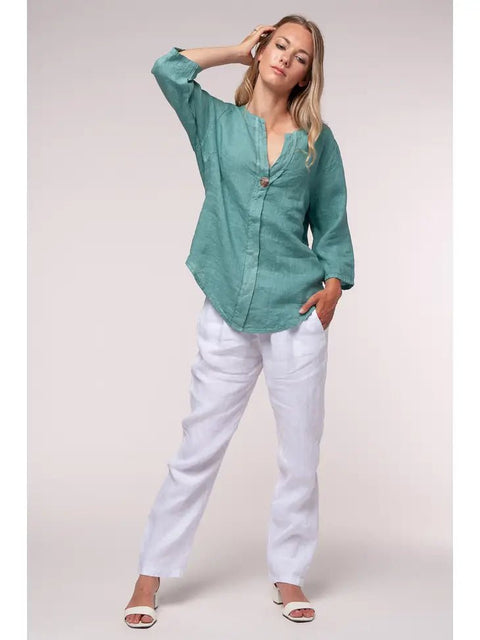 Euro Linen V-Neck Button Top - Breathable Naturals | Glam & Fame Clothing