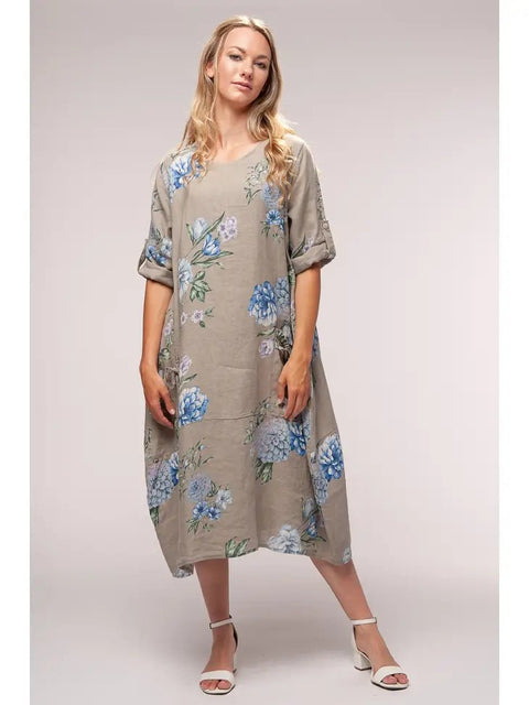European Linen Print Midi Dress