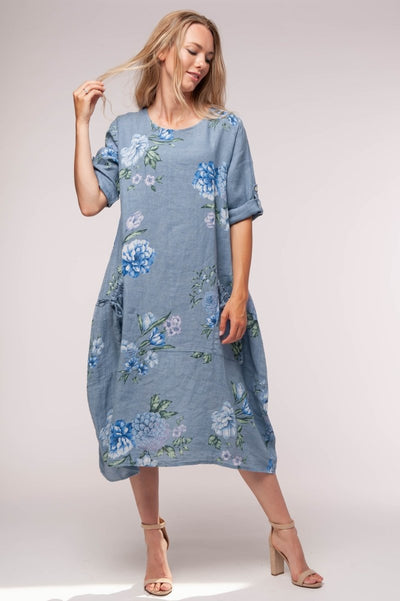 European Linen Print Midi Dress - Breathable Naturals | Glam & Fame Clothing