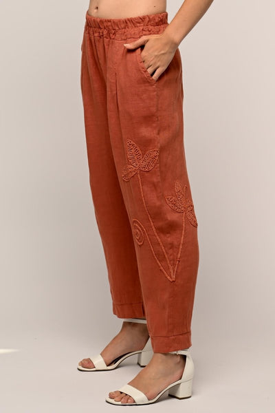 French Linen Embroidered Crop Pant Premium Woven - Breathable Naturals | Glam & Fame Clothing