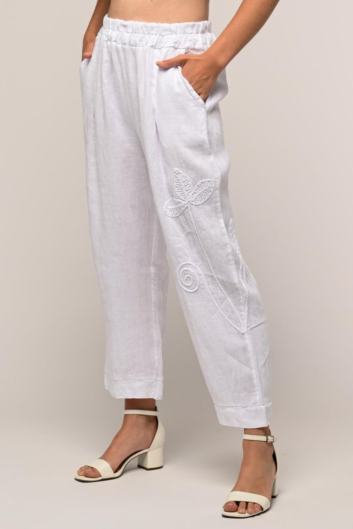 French Linen Embroidered Crop Pant Premium Woven - Breathable Naturals | Glam & Fame Clothing