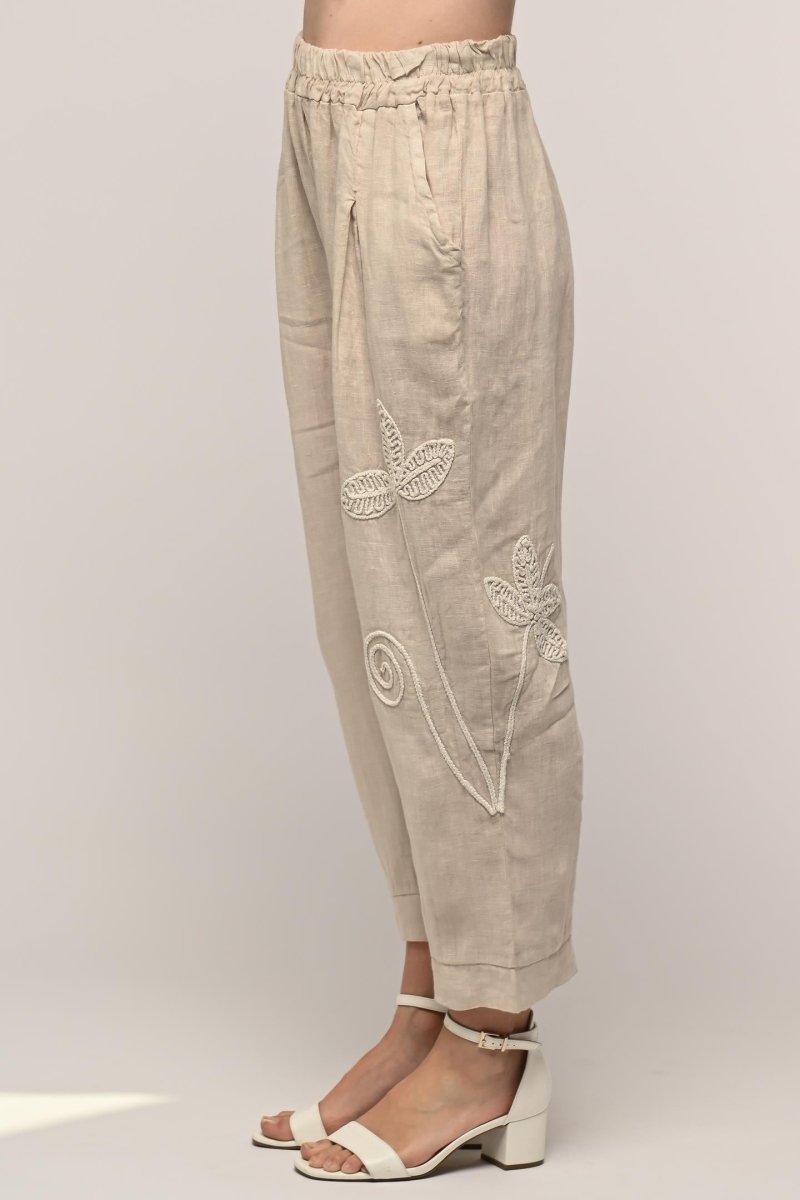 French Linen Embroidered Crop Pant Premium Woven - Breathable Naturals | Glam & Fame Clothing