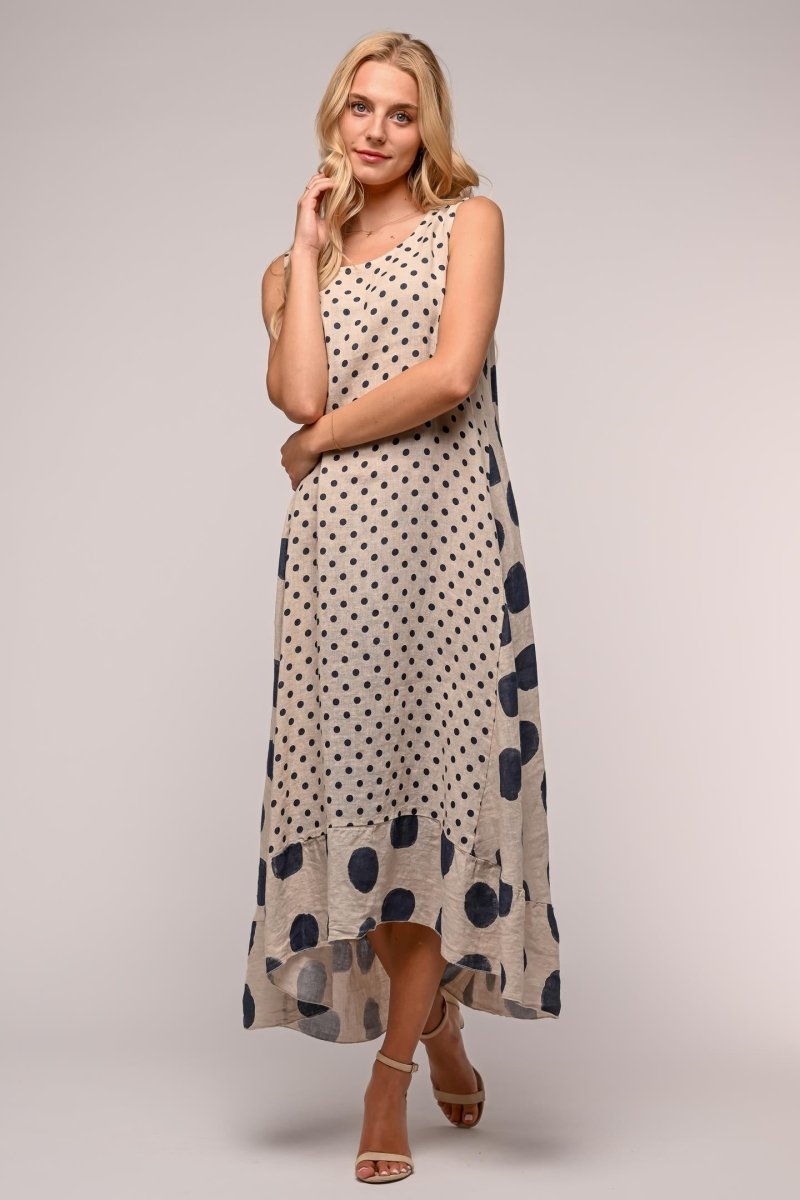 Premium French Linen Maxi Dress Spots Print